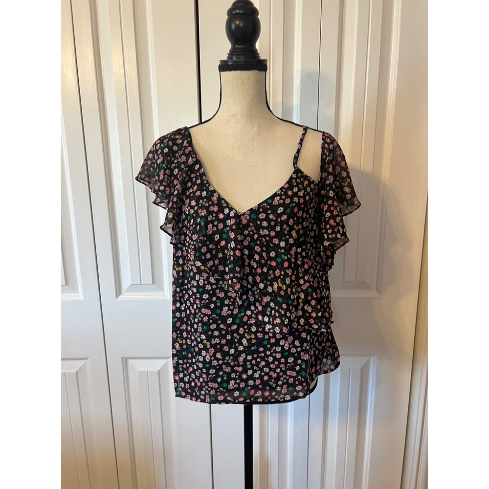 No Less Than Womens Floral Cold Shoulder Ruffle Blouse Black TNLT258 Medium NWT